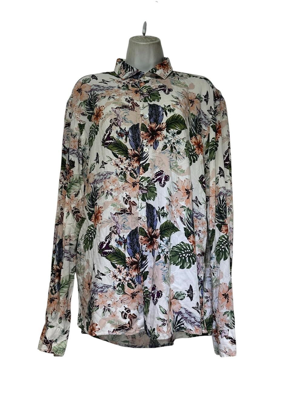 romeo gigli butterfly flower long sleeve collared shirt blouse Size XL